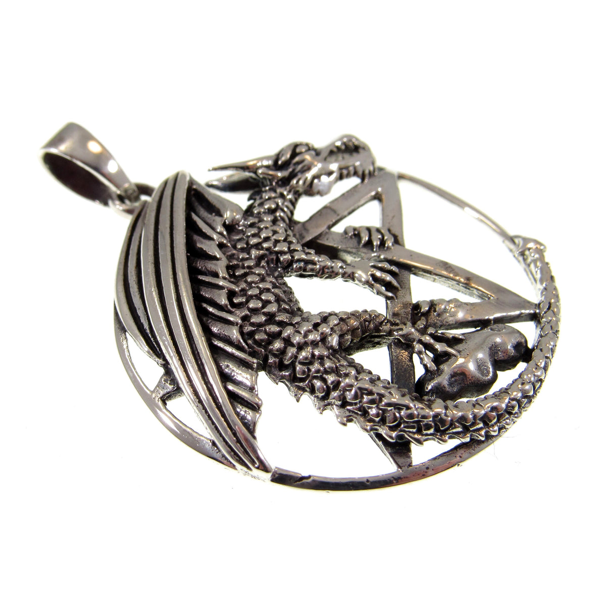 Solid 925 Sterling Silver Dragon Pentagram Pendant – Gothic Wiccan Protection Pentacle, Mythical Occult Talisman
