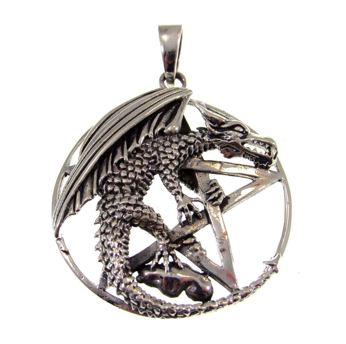 Solid 925 Sterling Silver Dragon Pentagram Pendant – Gothic Wiccan Protection Pentacle, Mythical Occult Talisman