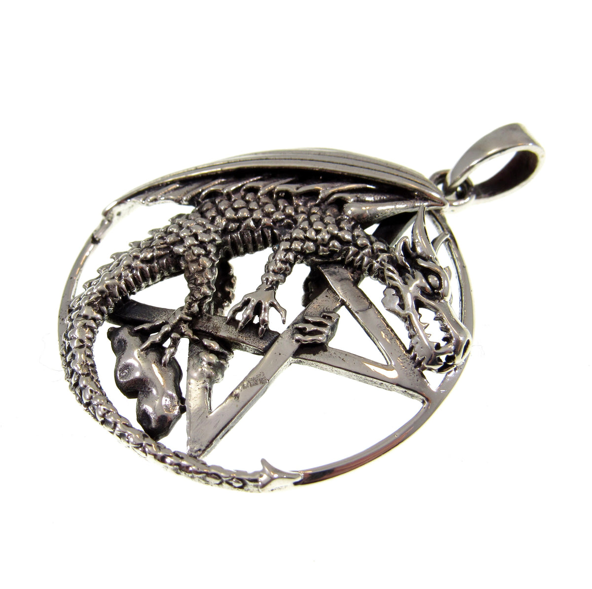 Solid 925 Sterling Silver Dragon Pentagram Pendant – Gothic Wiccan Protection Pentacle, Mythical Occult Talisman