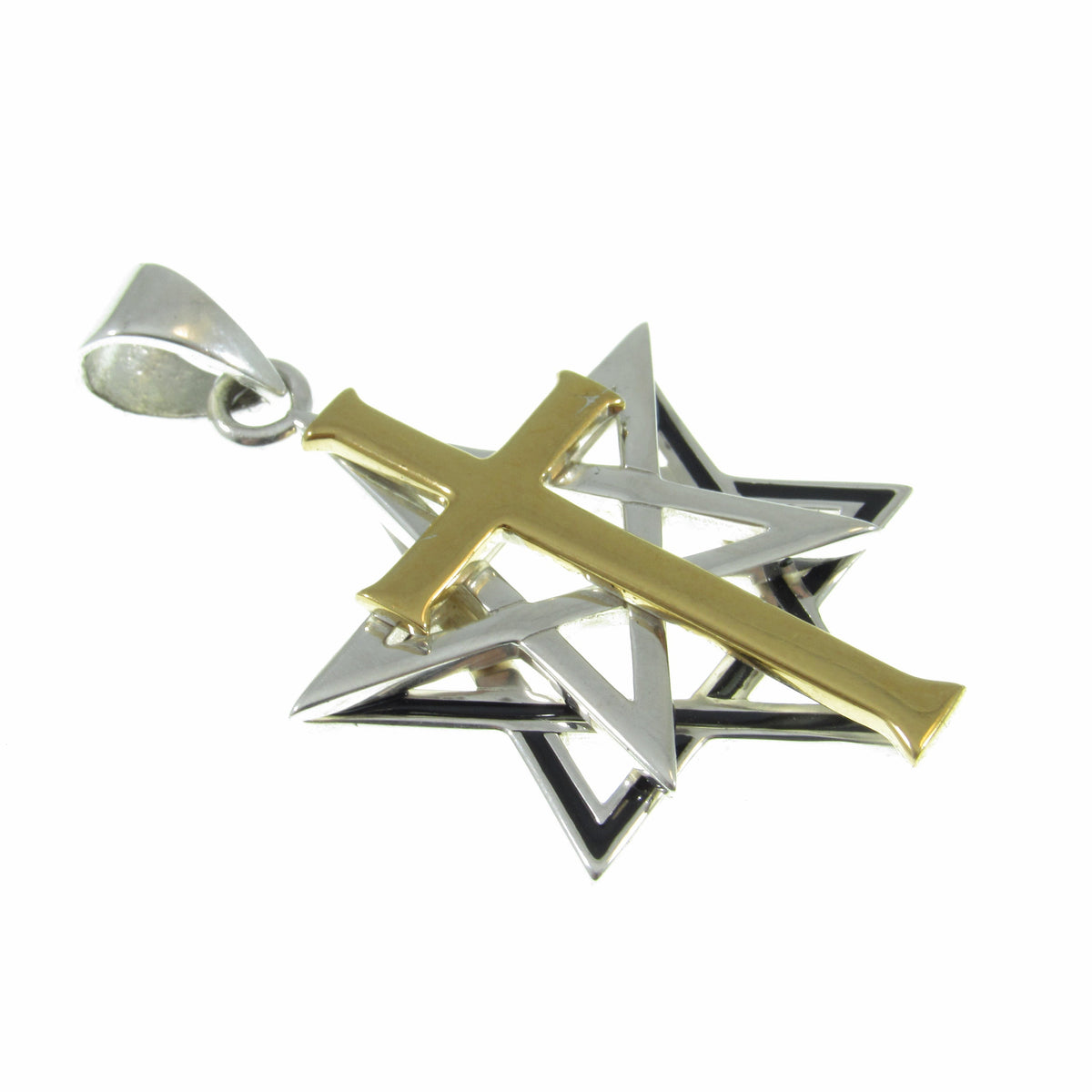 Solid 925 Sterling Silver & 14k Gold Accent Intertwined Christian Cross on Jewish Star of David Pendant, Hebrew Symbol, Religious Jewelry