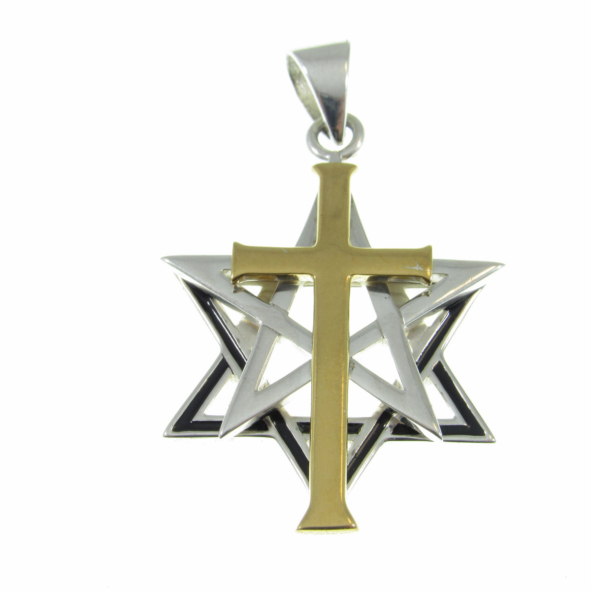 Solid 925 Sterling Silver & 14k Gold Accent Intertwined Christian Cross on Jewish Star of David Pendant, Hebrew Symbol, Religious Jewelry