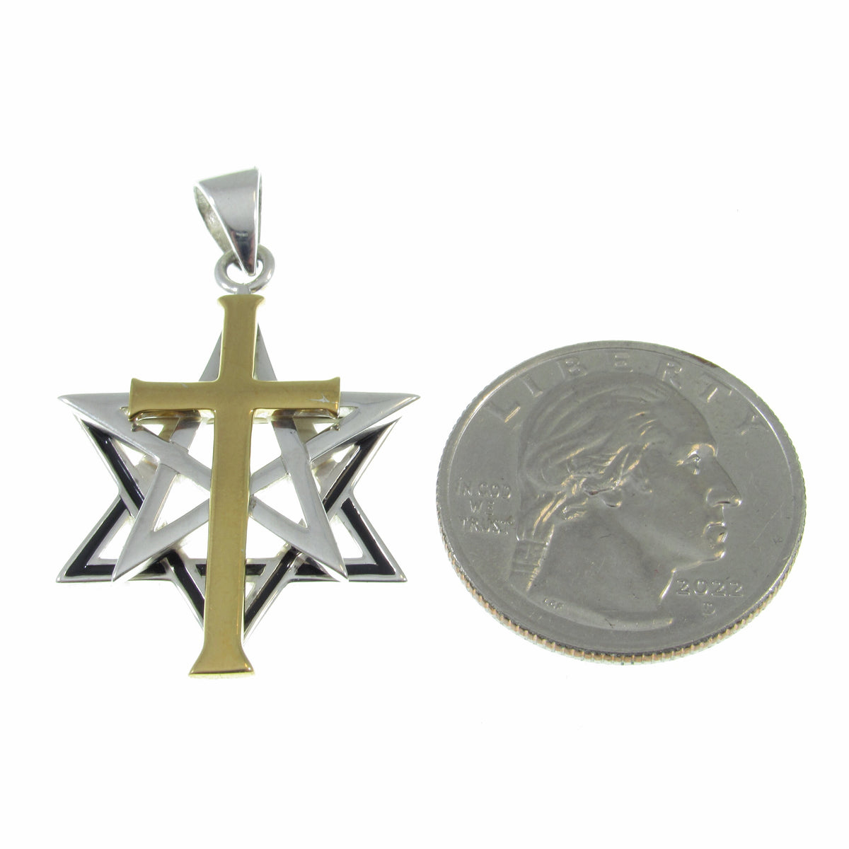 Solid 925 Sterling Silver & 14k Gold Accent Intertwined Christian Cross on Jewish Star of David Pendant, Hebrew Symbol, Religious Jewelry