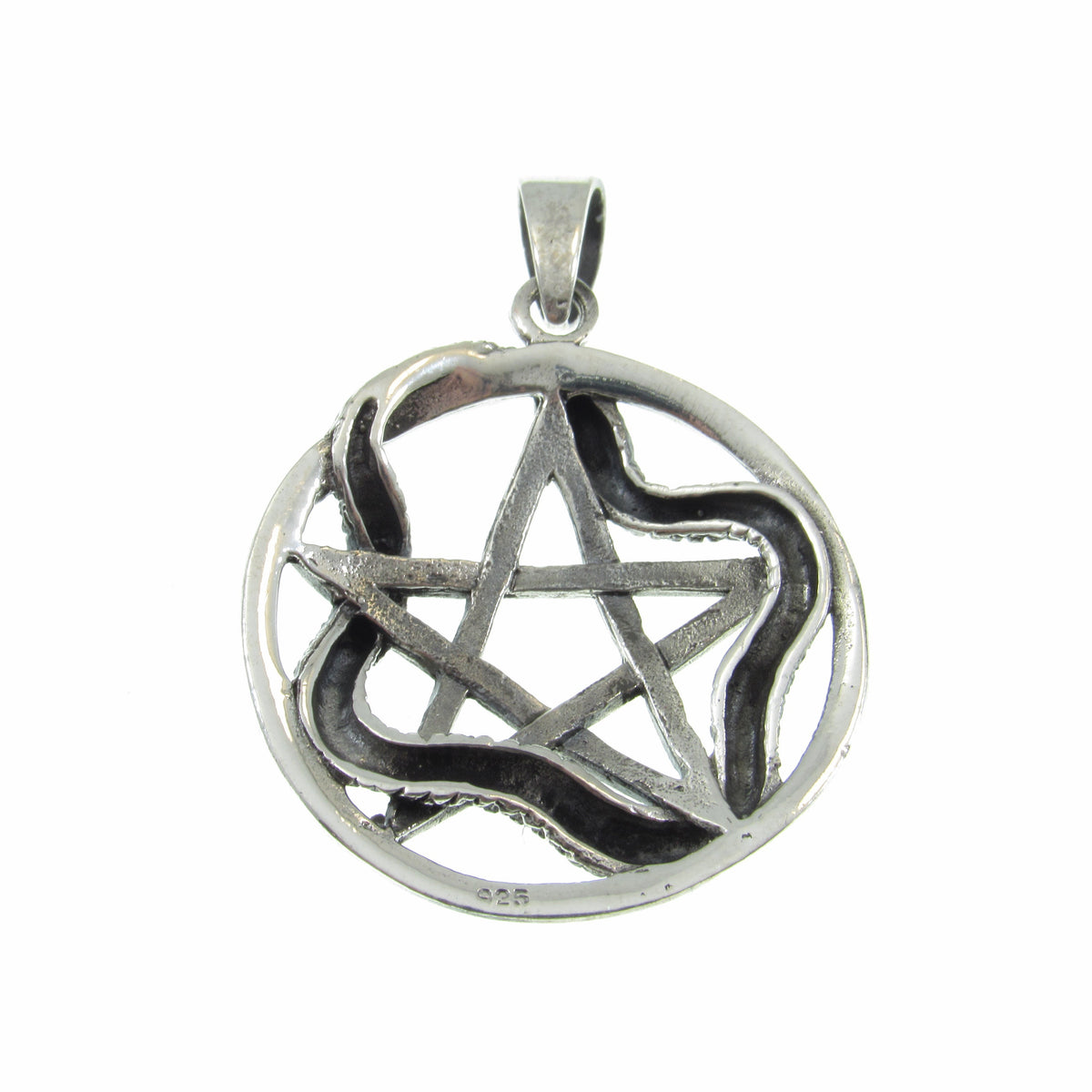 Solid 925 Sterling Silver Ouroboros Pentacle Pendant, Snake Pentagram Pagan Protection Amulet