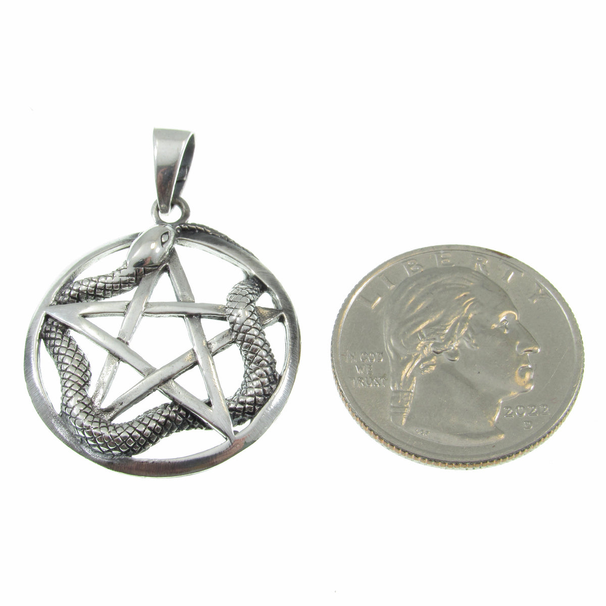 Solid 925 Sterling Silver Ouroboros Pentacle Pendant, Snake Pentagram Pagan Protection Amulet
