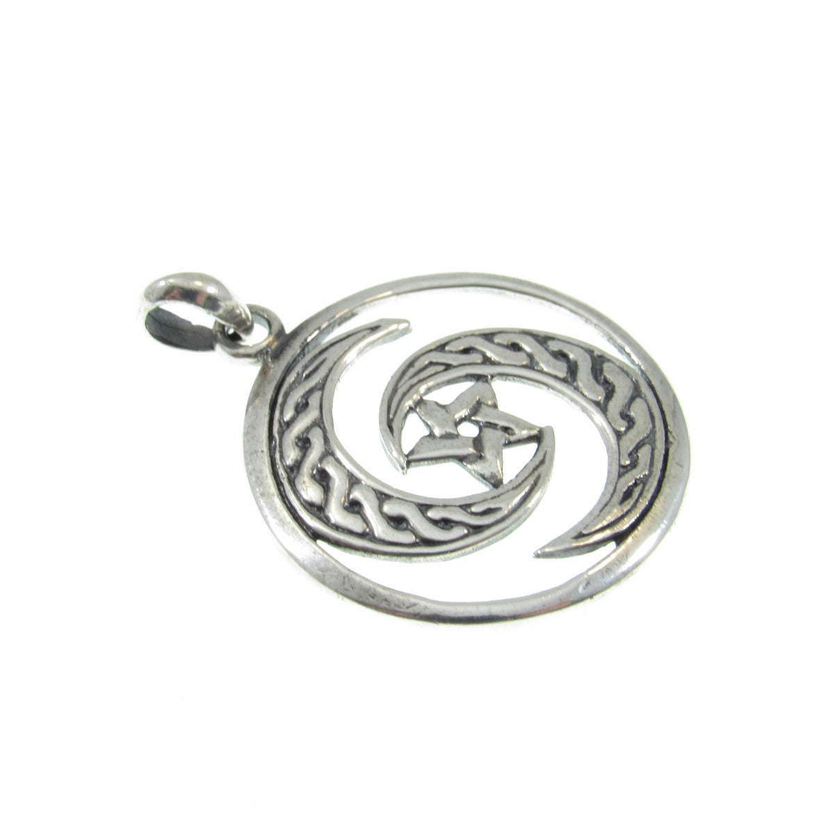 Solid 925 Sterling Silver Celtic Crescent Moon Pentacle Pendant, Wiccan Protection Amulet, Triple Goddess