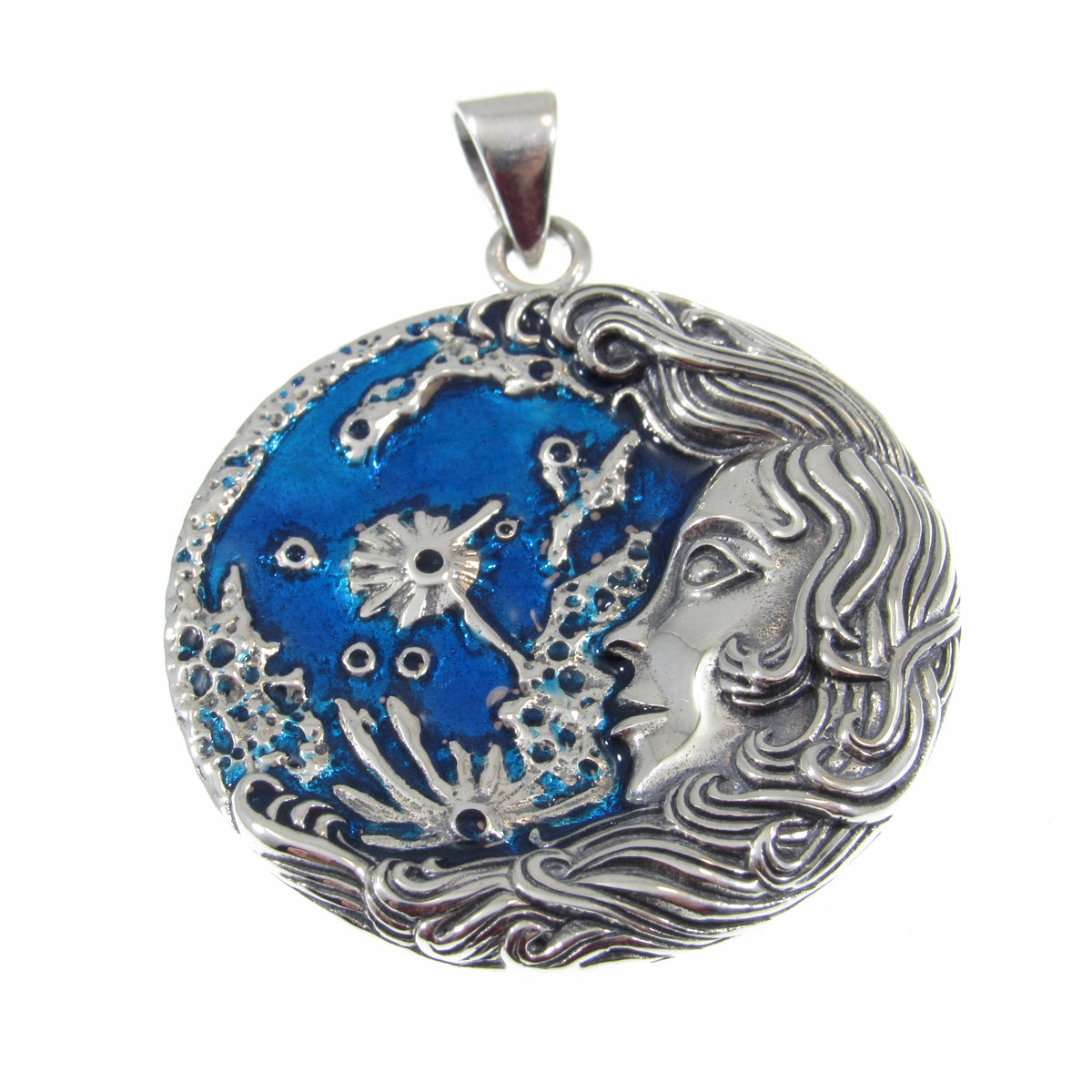 Solid 925 Sterling Silver Moon Maiden Pendant, Oberon Zell Blue Enamel Celestial Goddess Amulet