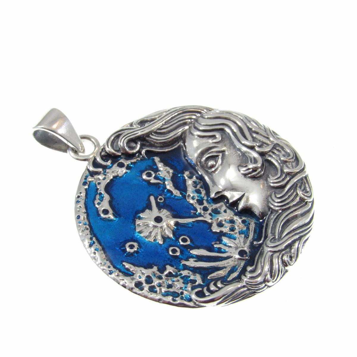 Solid 925 Sterling Silver Moon Maiden Pendant, Oberon Zell Blue Enamel Celestial Goddess Amulet