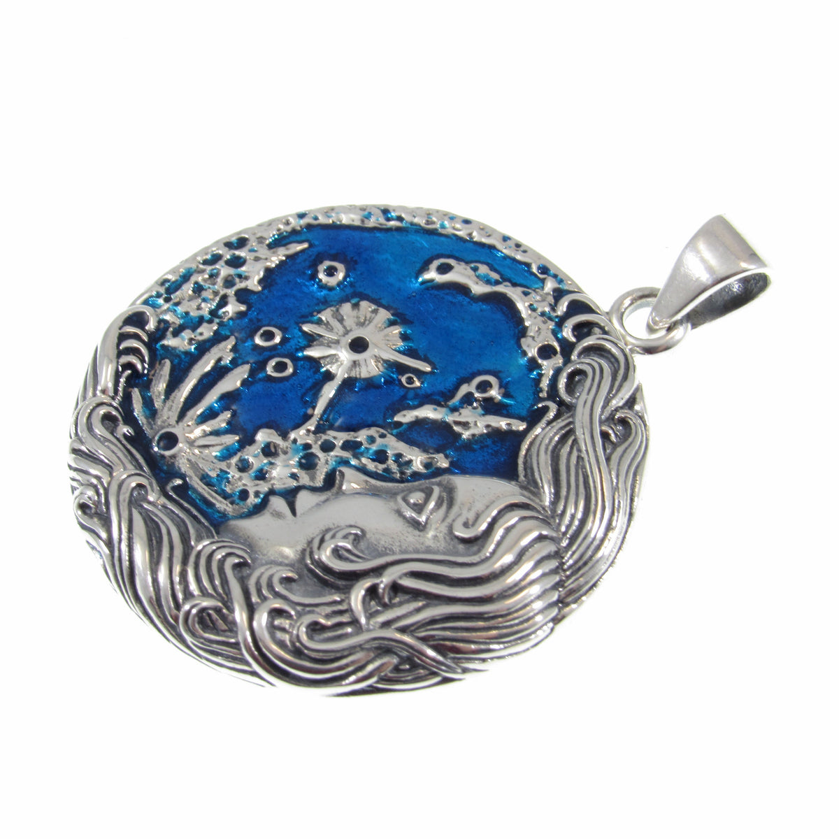 Solid 925 Sterling Silver Moon Maiden Pendant, Oberon Zell Blue Enamel Celestial Goddess Amulet