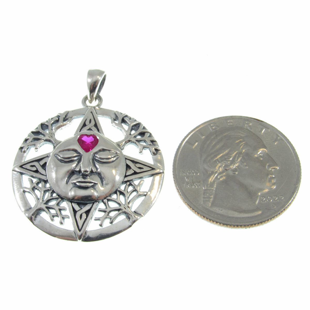 Solid 925 Sterling Silver Winter Sun Face Pendant with Ruby Heart, Celtic Knot Snowflakes