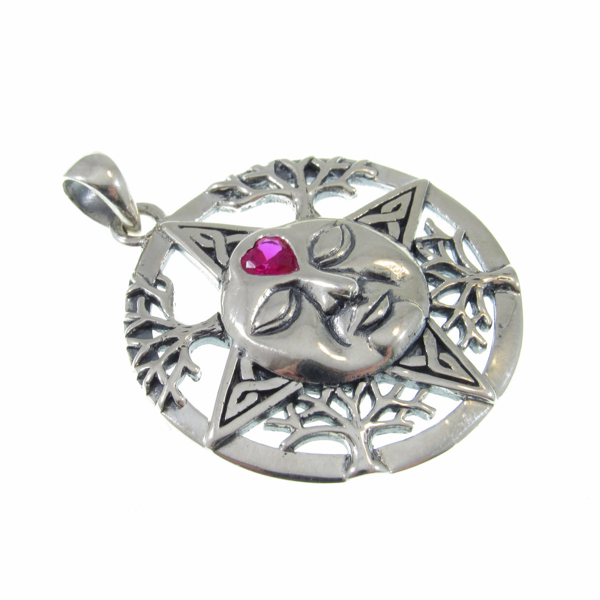Solid 925 Sterling Silver Winter Sun Face Pendant with Ruby Heart, Celtic Knot Snowflakes