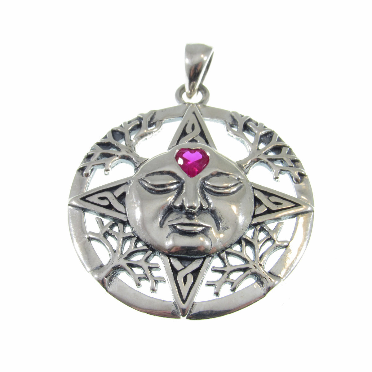 Solid 925 Sterling Silver Winter Sun Face Pendant with Ruby Heart, Celtic Knot Snowflakes
