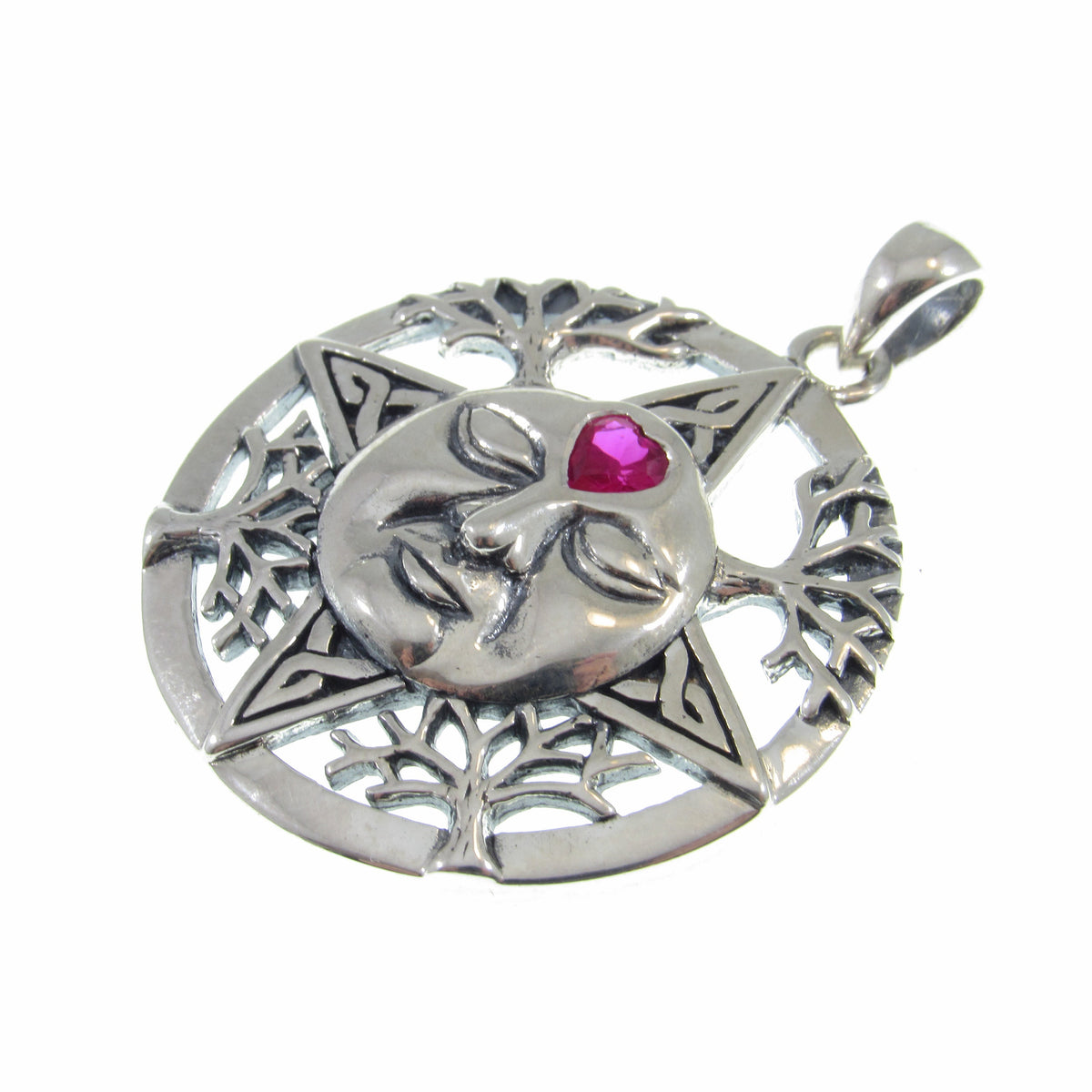 Solid 925 Sterling Silver Winter Sun Face Pendant with Ruby Heart, Celtic Knot Snowflakes