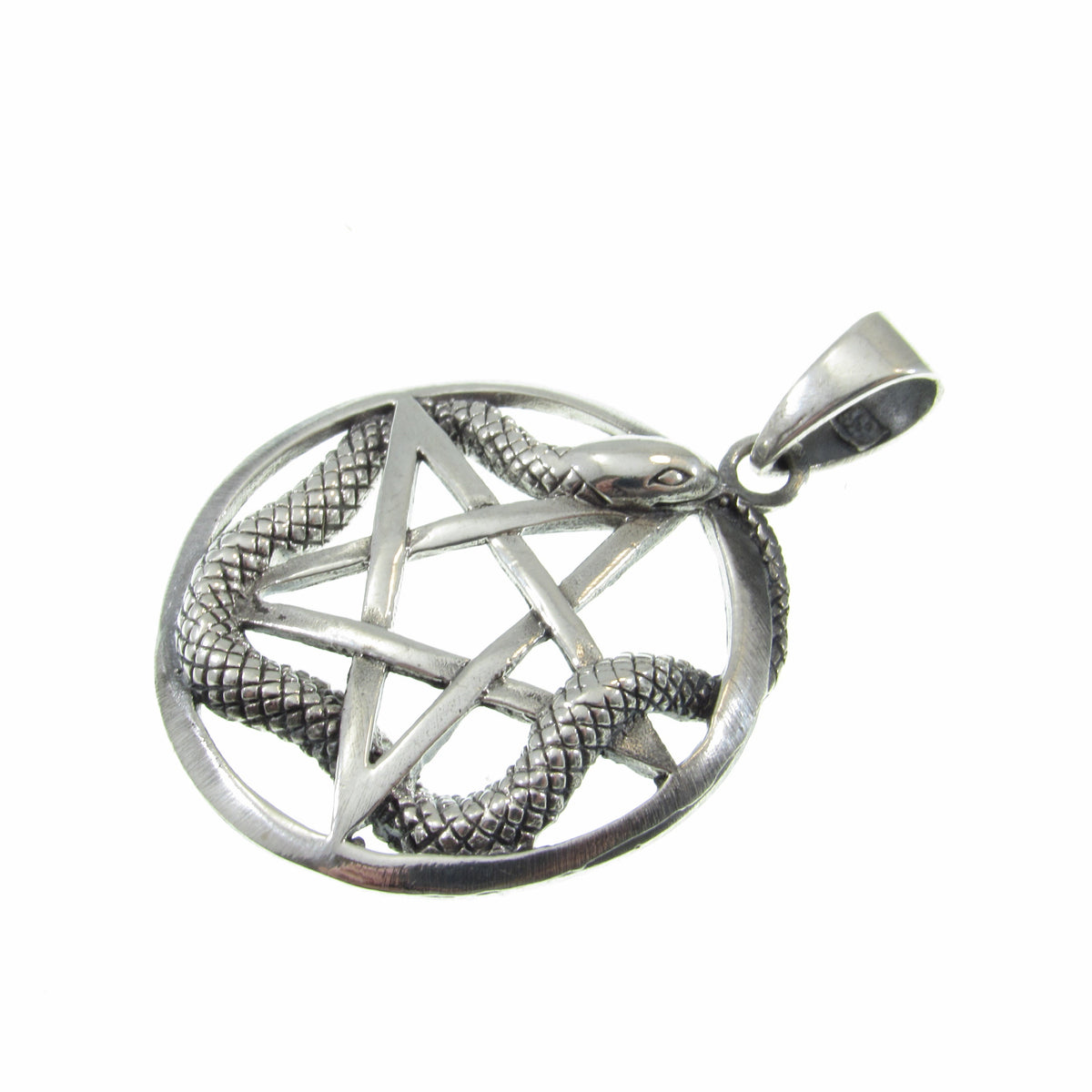 Solid 925 Sterling Silver Ouroboros Pentacle Pendant, Snake Pentagram Pagan Protection Amulet
