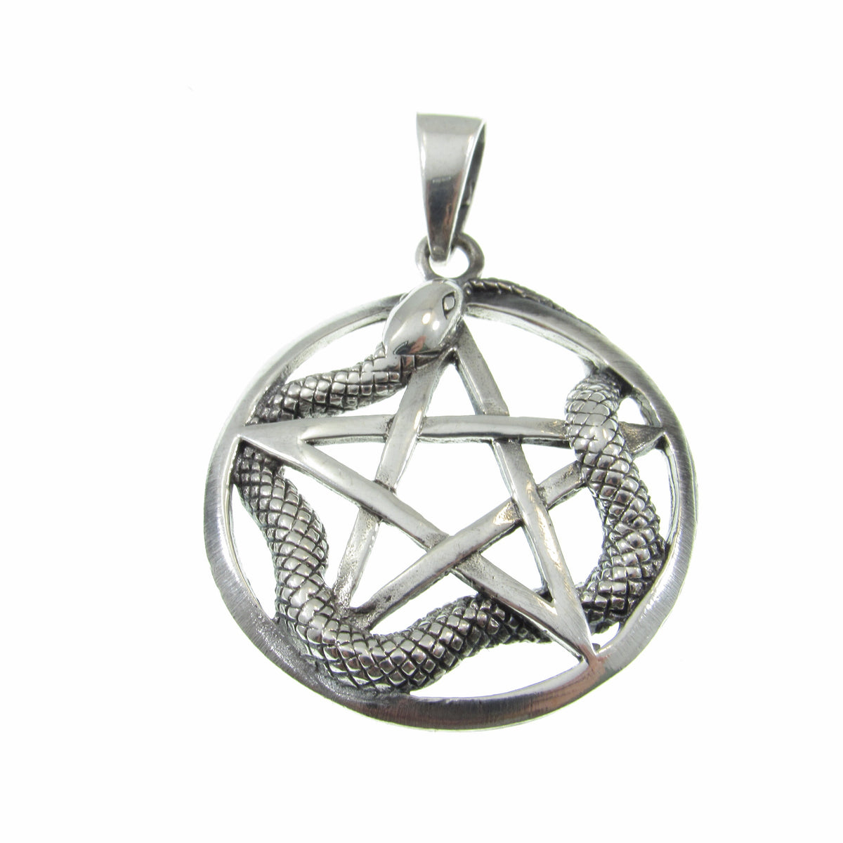 Solid 925 Sterling Silver Ouroboros Pentacle Pendant, Snake Pentagram Pagan Protection Amulet
