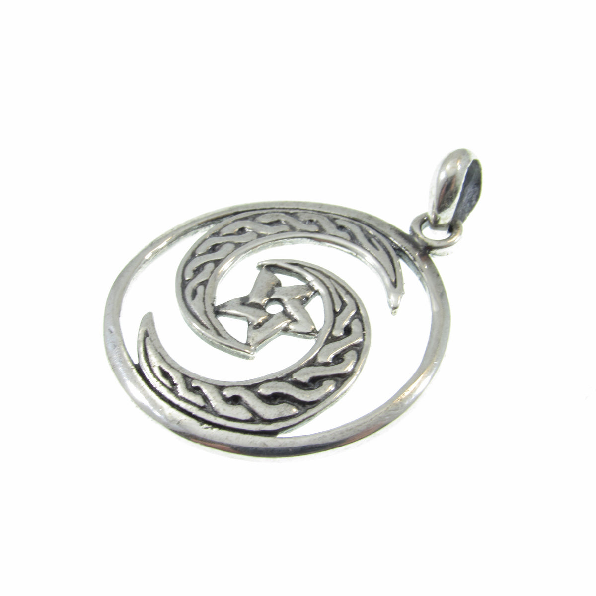 Solid 925 Sterling Silver Celtic Crescent Moon Pentacle Pendant, Wiccan Protection Amulet, Triple Goddess