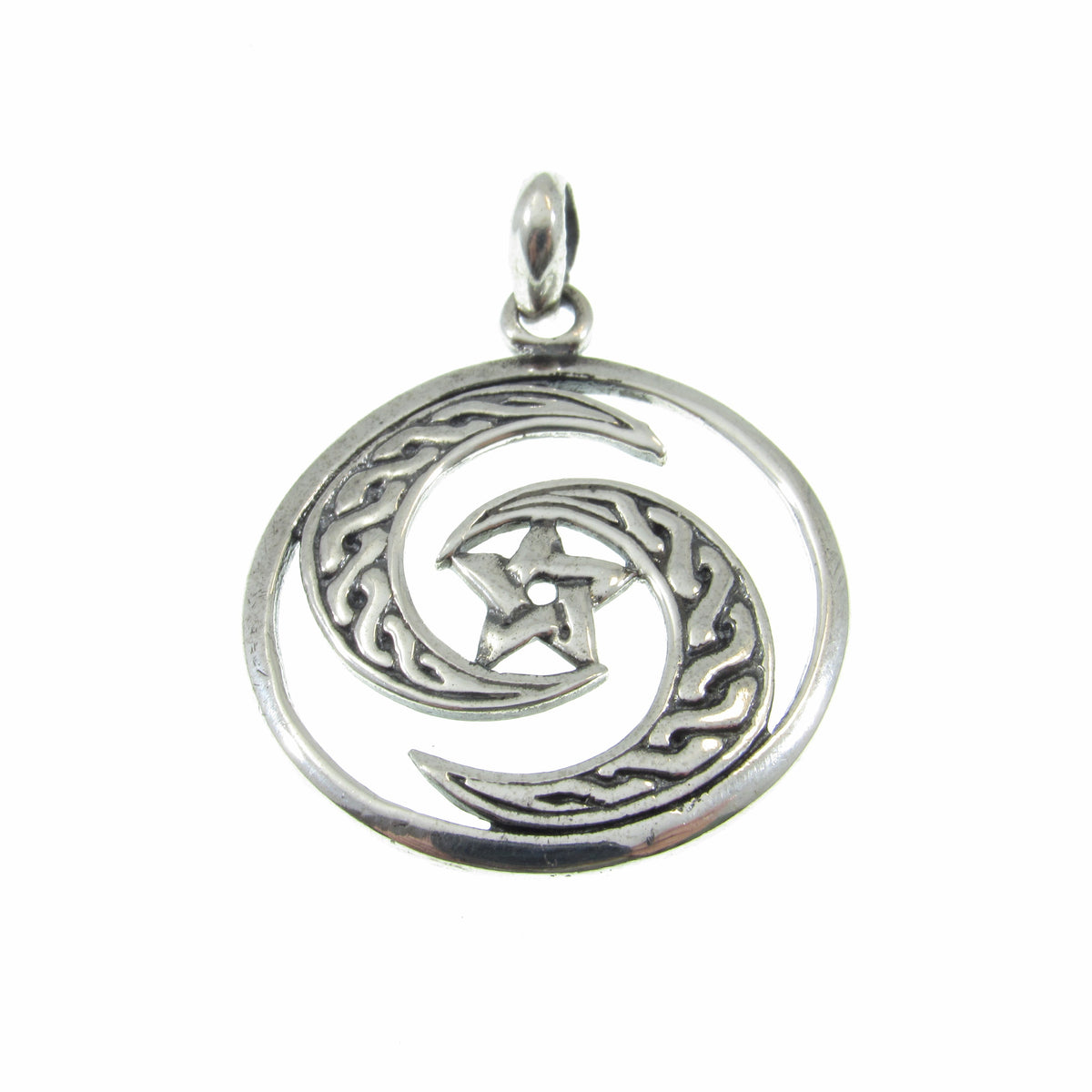 Solid 925 Sterling Silver Celtic Crescent Moon Pentacle Pendant, Wiccan Protection Amulet, Triple Goddess