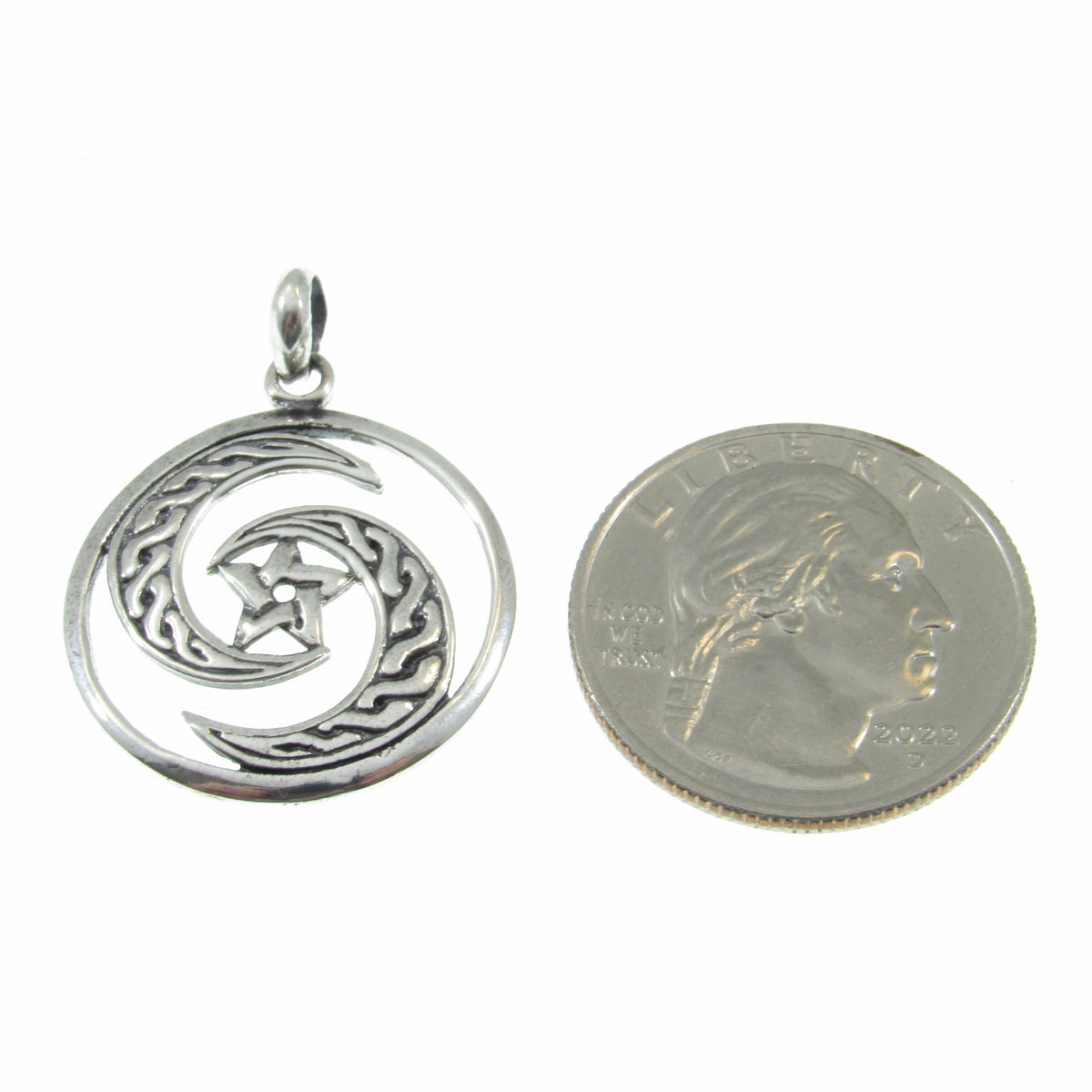 Solid 925 Sterling Silver Celtic Crescent Moon Pentacle Pendant, Wiccan Protection Amulet, Triple Goddess