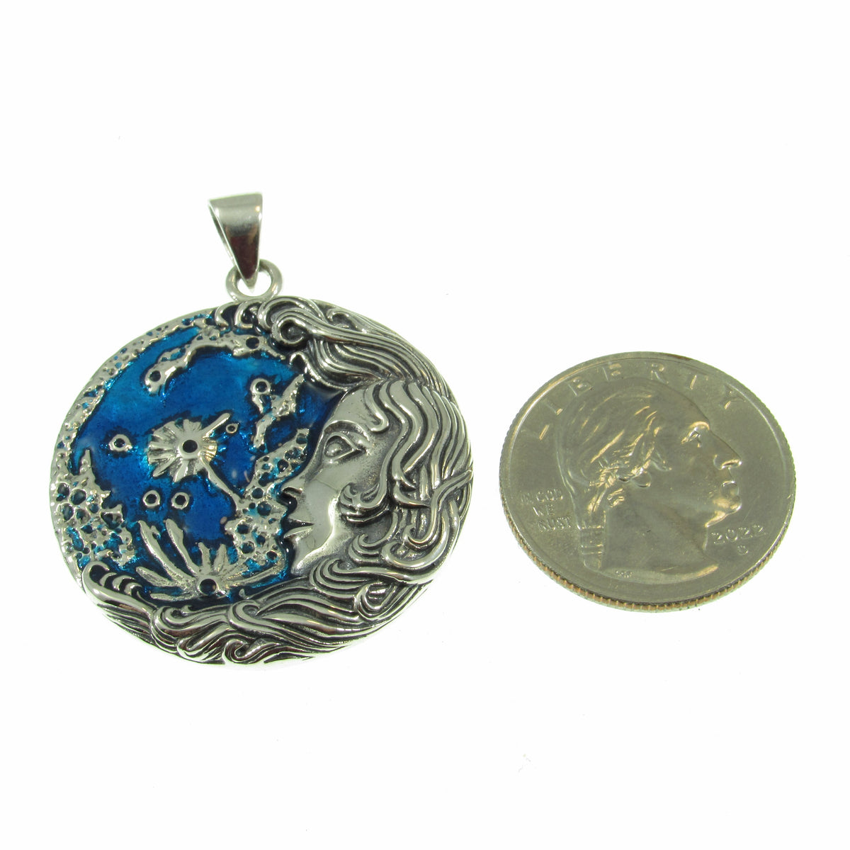 Solid 925 Sterling Silver Moon Maiden Pendant, Oberon Zell Blue Enamel Celestial Goddess Amulet