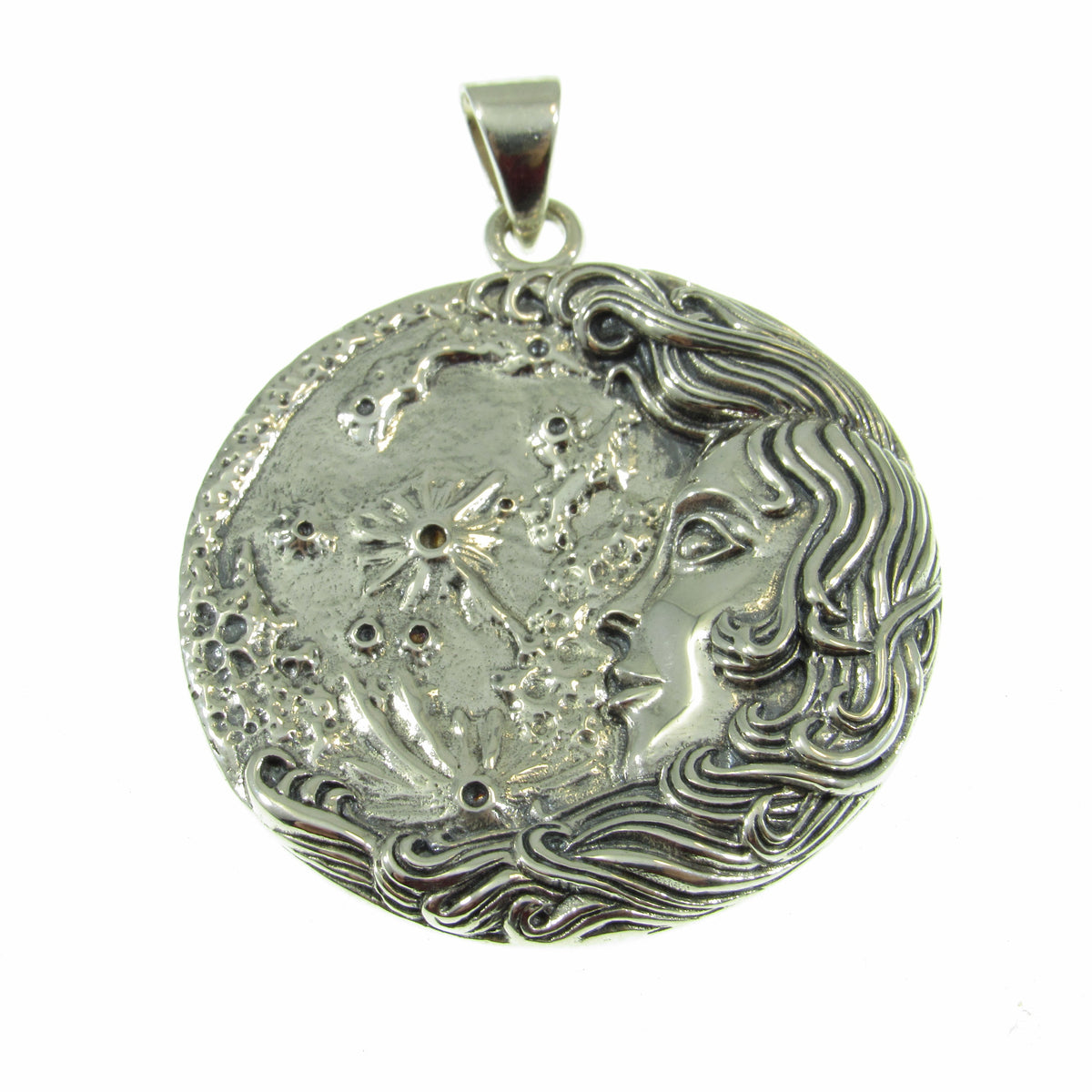 Solid 925 Sterling Silver Moon Maiden Pendant, Oberon Zell Blue Enamel Celestial Goddess Amulet