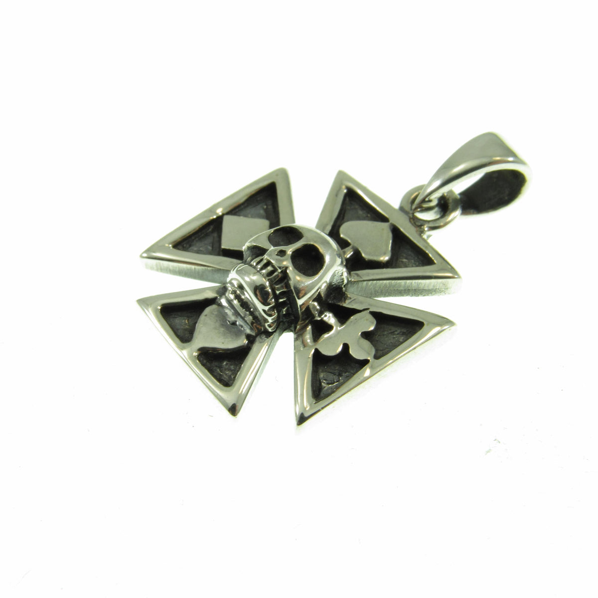 Solid 925 Sterling Silver Iron Cross with 4 Suits Pendant, Croix Pattee Amulet, Gothic Skeleton Skull Jewelry, Good Luck Gambling Charm