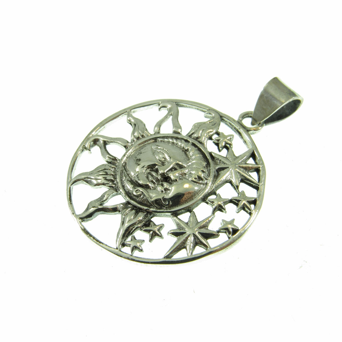 Solid 925 Sterling Silver Sun and Stars Pendant, Celestial Faces Amulet, Cosmic Talisman