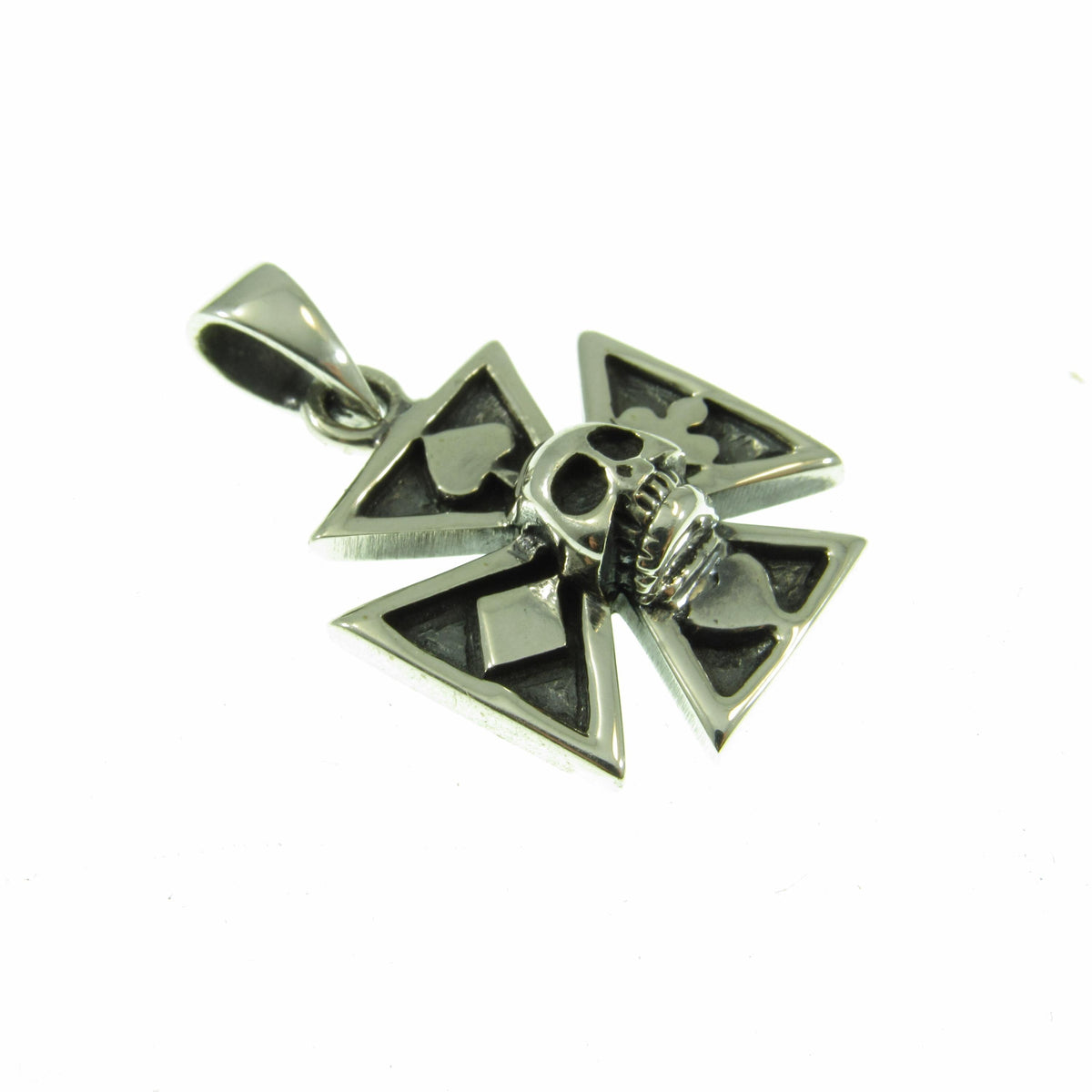 Solid 925 Sterling Silver Iron Cross with 4 Suits Pendant, Croix Pattee Amulet, Gothic Skeleton Skull Jewelry, Good Luck Gambling Charm