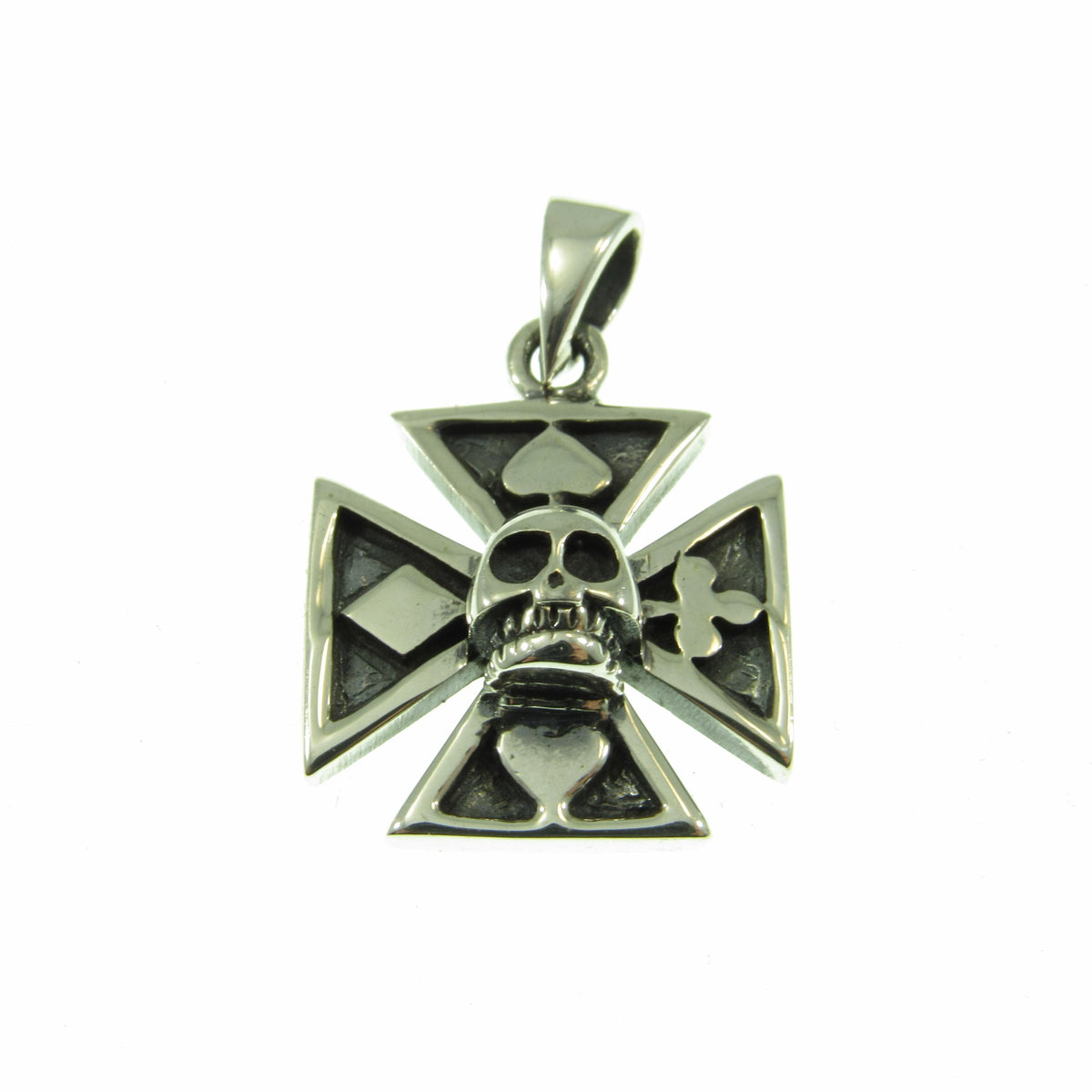 Solid 925 Sterling Silver Iron Cross with 4 Suits Pendant, Croix Pattee Amulet, Gothic Skeleton Skull Jewelry, Good Luck Gambling Charm