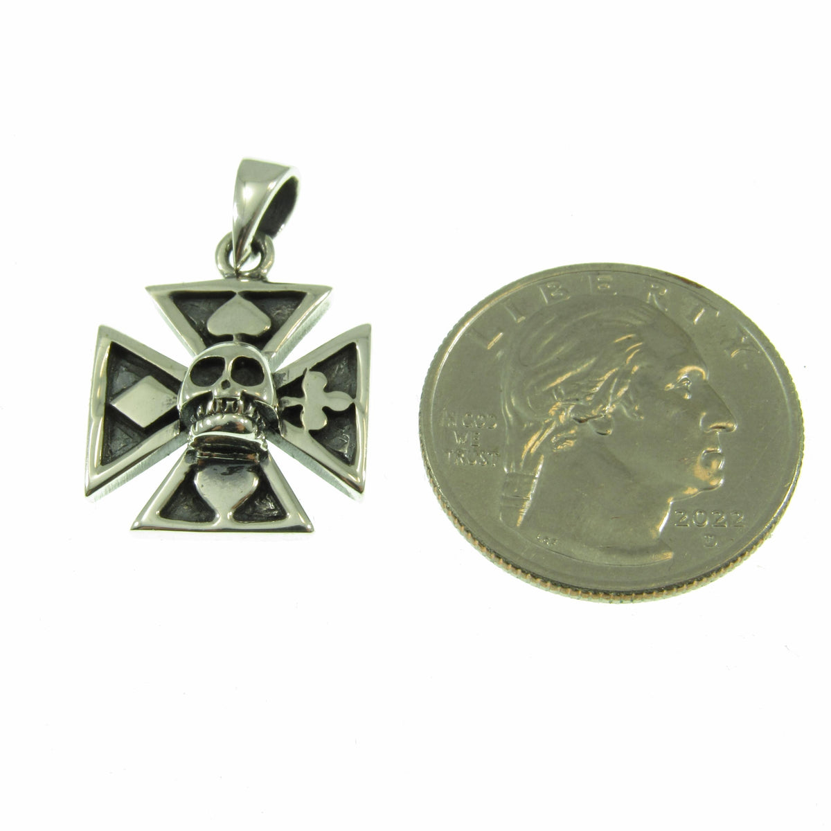Solid 925 Sterling Silver Iron Cross with 4 Suits Pendant, Croix Pattee Amulet, Gothic Skeleton Skull Jewelry, Good Luck Gambling Charm