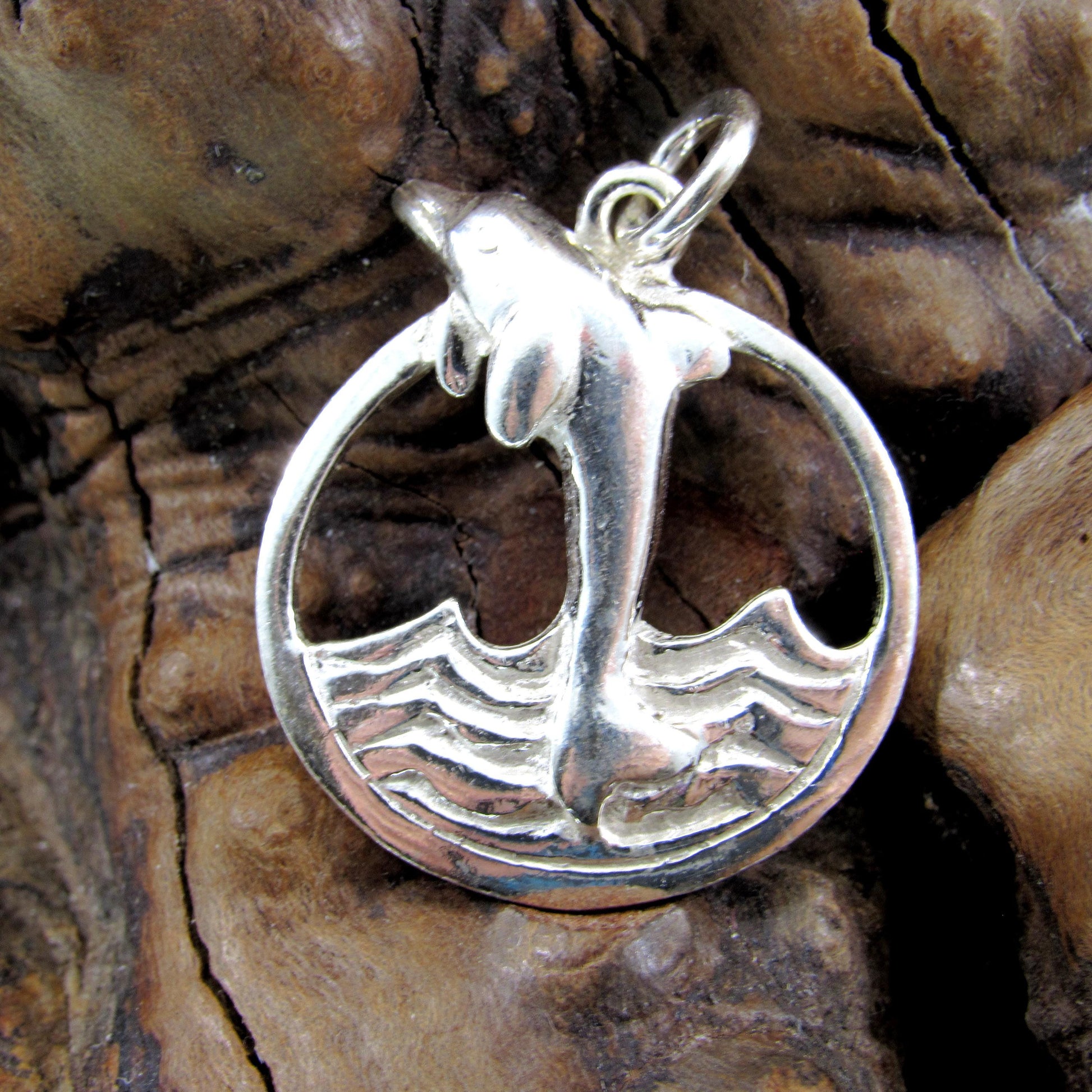 Solid 925 Sterling Silver Dolphin Pendant – Ocean Jewelry - Jumping Dolphins & Waves Charm
