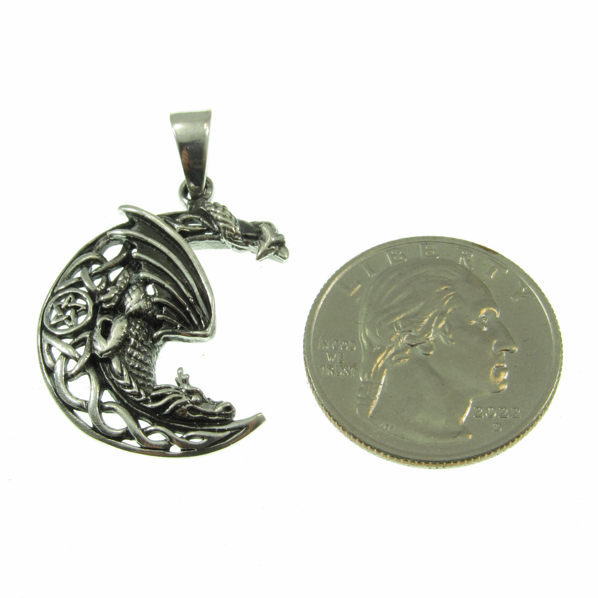 Solid 925 Sterling Silver Dragon Moon Pendant – Celtic Dragon Necklace Amulet, Gothic Fantasy Jewelry