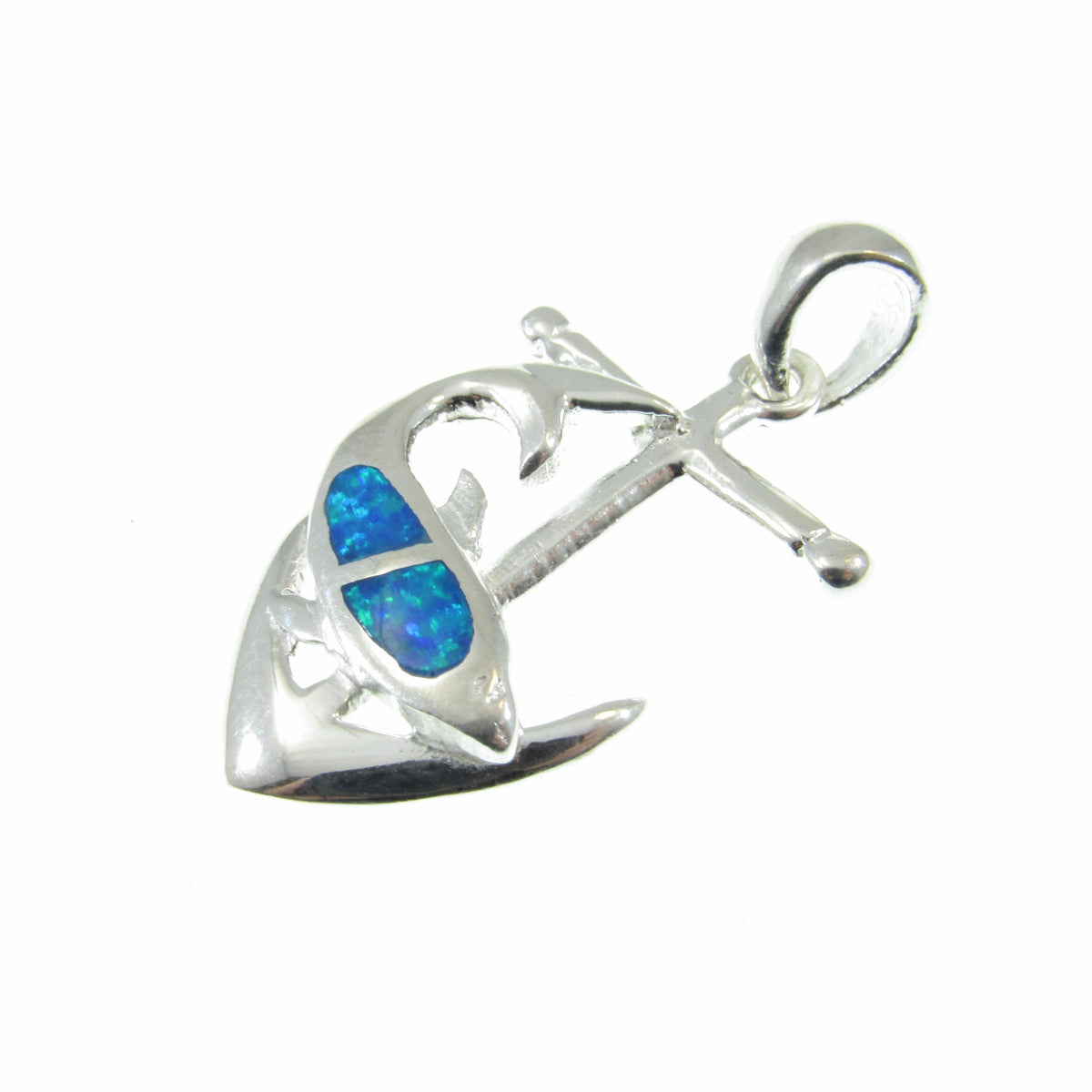 Solid 925 Sterling Silver Dolphin & Anchor Pendant With Inlaid Blue Opal Gemstones, Handcrafted Opals Jewelry, Beach and Nautical Interest