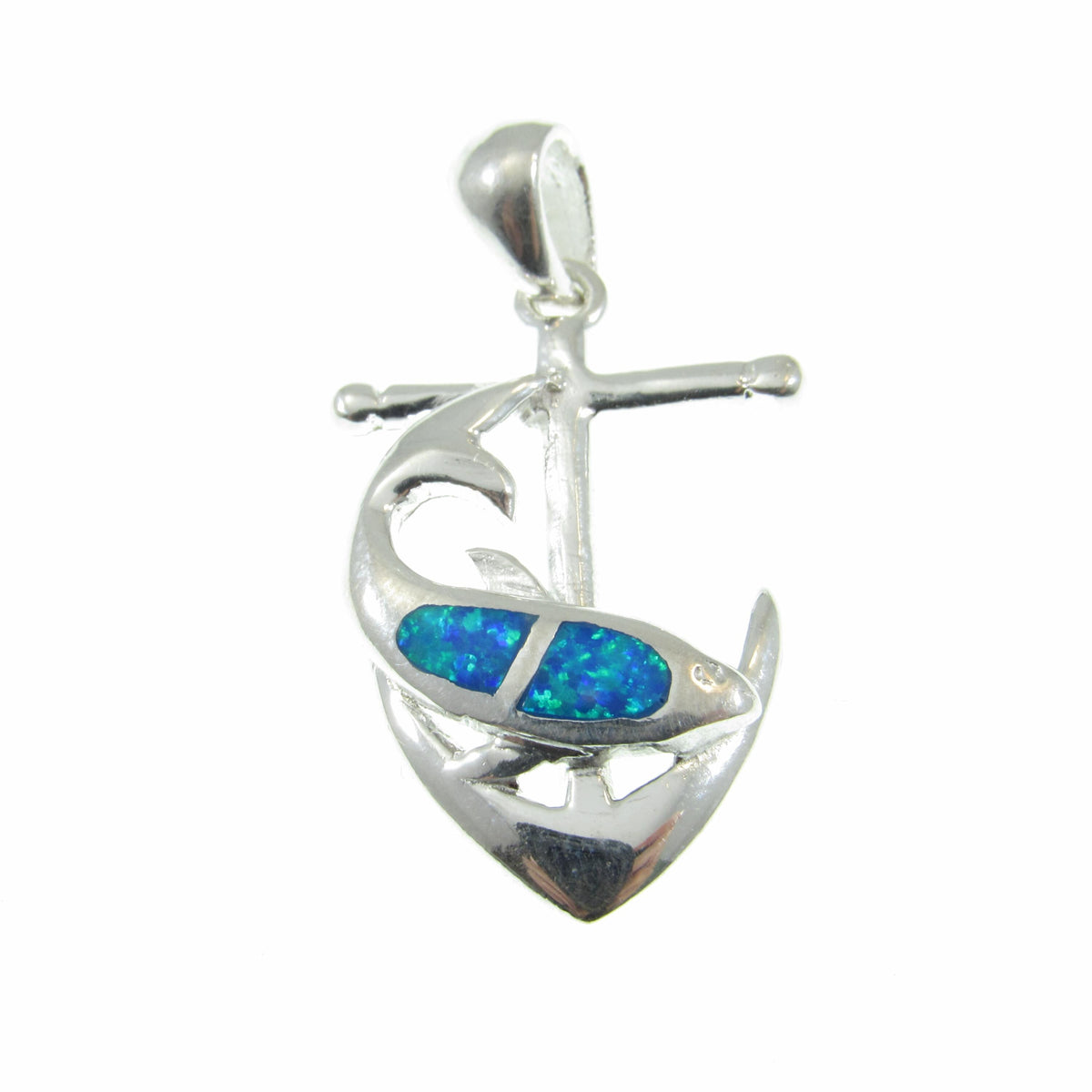 Solid 925 Sterling Silver Dolphin & Anchor Pendant With Inlaid Blue Opal Gemstones, Handcrafted Opals Jewelry, Beach and Nautical Interest