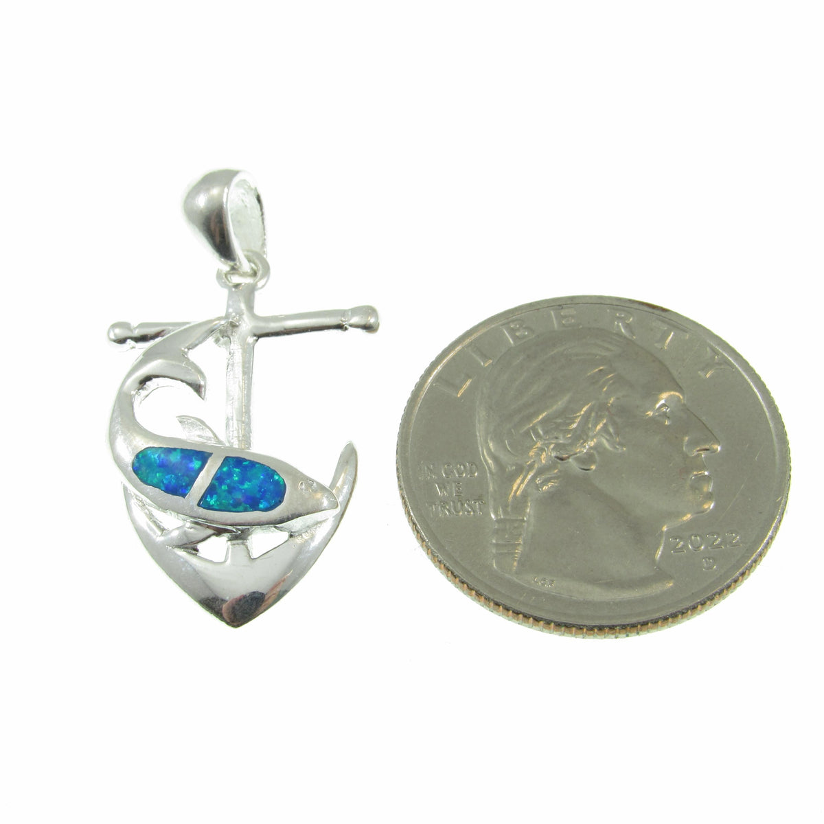 Solid 925 Sterling Silver Dolphin & Anchor Pendant With Inlaid Blue Opal Gemstones, Handcrafted Opals Jewelry, Beach and Nautical Interest