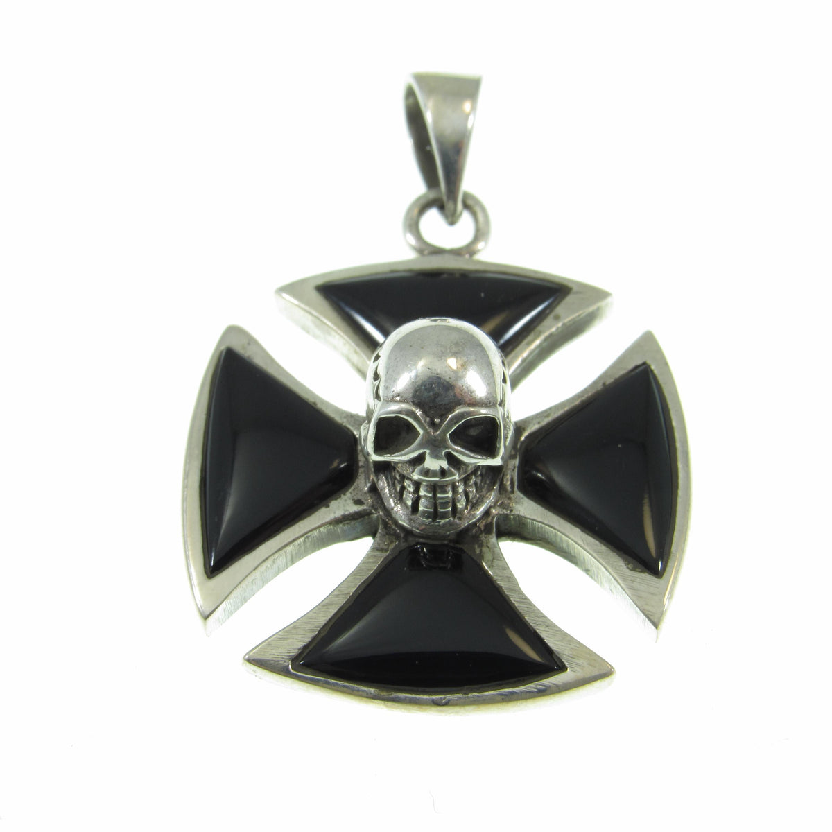 Solid 925 Sterling Silver Iron Cross with Skull & Black Onyx Inlay – Gothic Biker Cross Necklace Pendant for Men