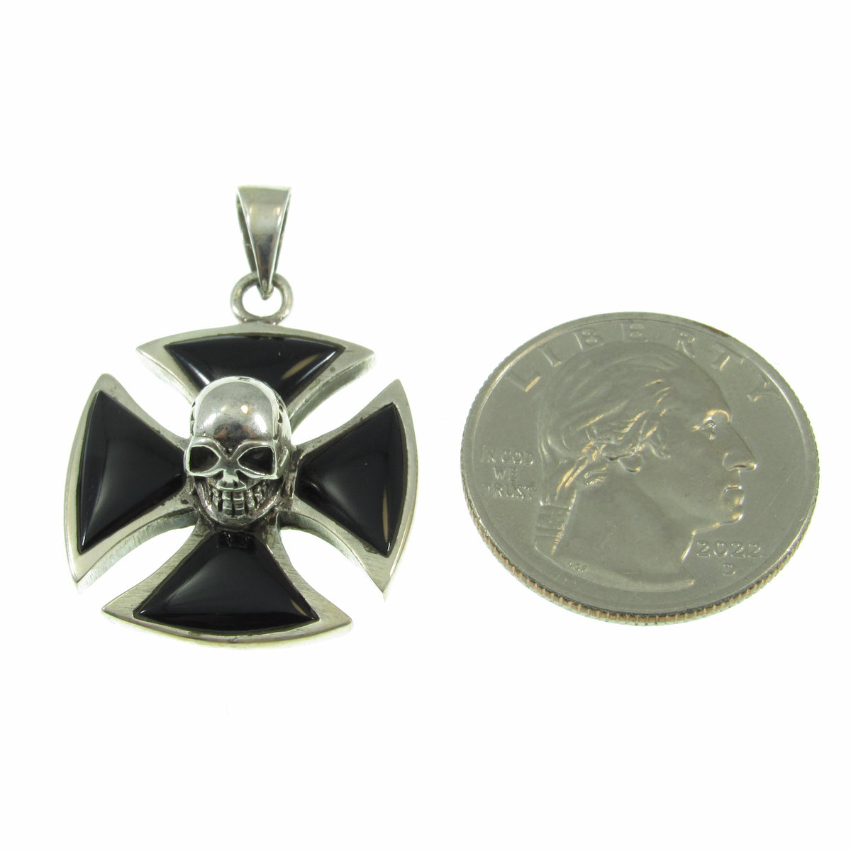 Solid 925 Sterling Silver Iron Cross with Skull & Black Onyx Inlay – Gothic Biker Cross Necklace Pendant for Men
