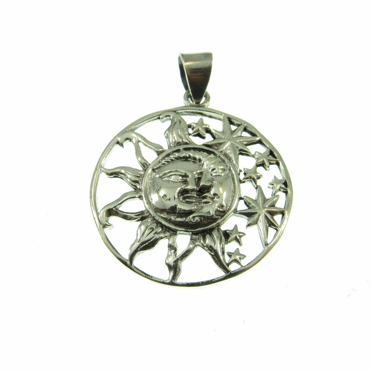 Solid 925 Sterling Silver Sun and Stars Pendant, Celestial Faces Amulet, Cosmic Talisman