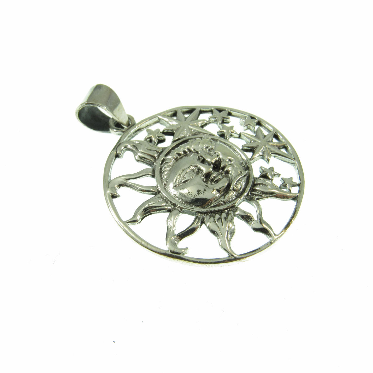 Solid 925 Sterling Silver Sun and Stars Pendant, Celestial Faces Amulet, Cosmic Talisman