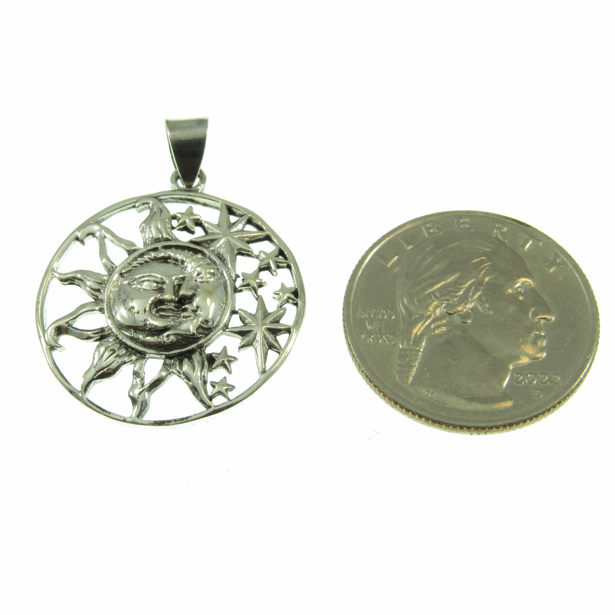 Solid 925 Sterling Silver Sun and Stars Pendant, Celestial Faces Amulet, Cosmic Talisman