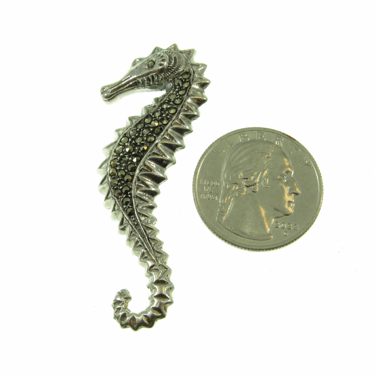 Solid 925 Sterling Silver & Marcasite Seahorse Pin Brooch, Handcrafted Breastpin, Ocean Sea Life Jewelry, Nautical Marine Interest