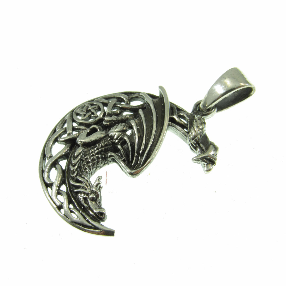 Solid 925 Sterling Silver Dragon Moon Pendant – Celtic Dragon Necklace Amulet, Gothic Fantasy Jewelry