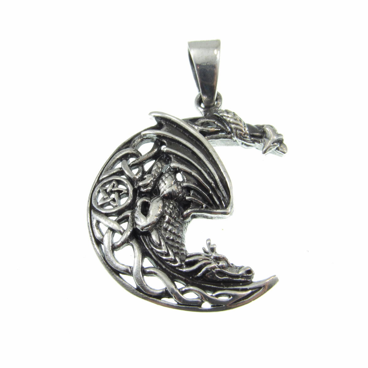 Solid 925 Sterling Silver Dragon Moon Pendant – Celtic Dragon Necklace Amulet, Gothic Fantasy Jewelry