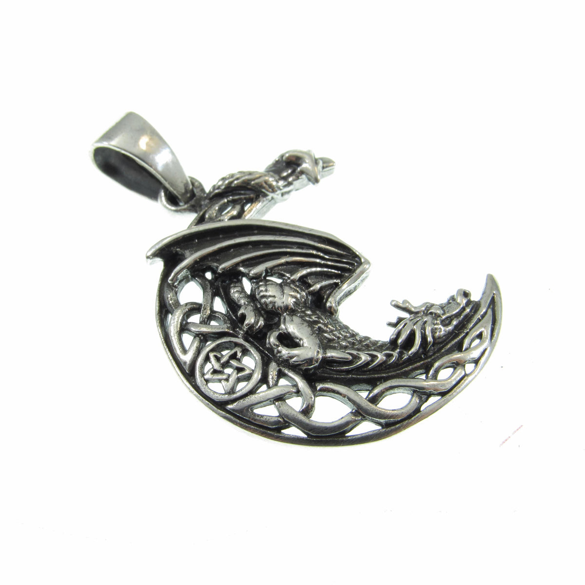 Solid 925 Sterling Silver Dragon Moon Pendant – Celtic Dragon Necklace Amulet, Gothic Fantasy Jewelry
