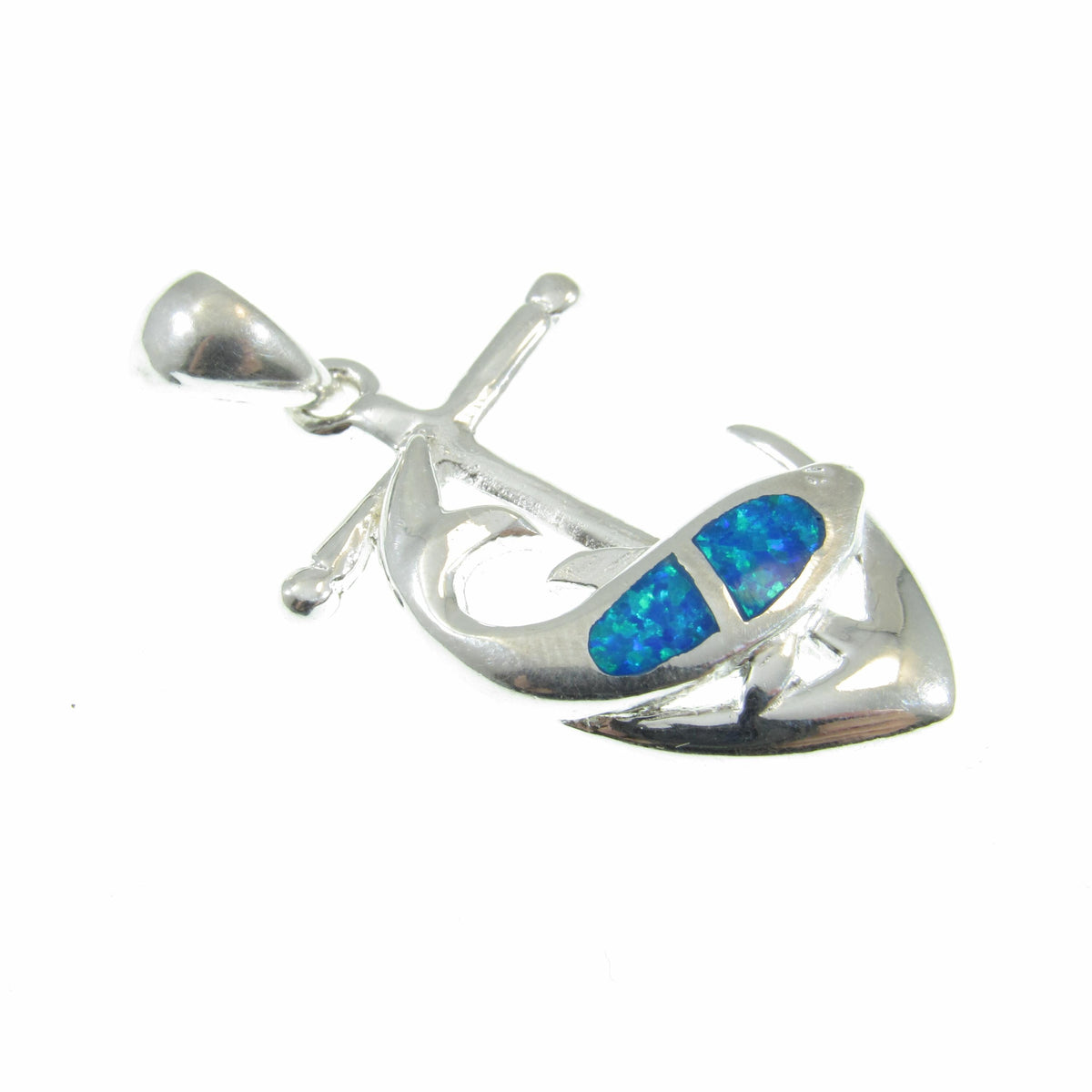 Solid 925 Sterling Silver Dolphin & Anchor Pendant With Inlaid Blue Opal Gemstones, Handcrafted Opals Jewelry, Beach and Nautical Interest