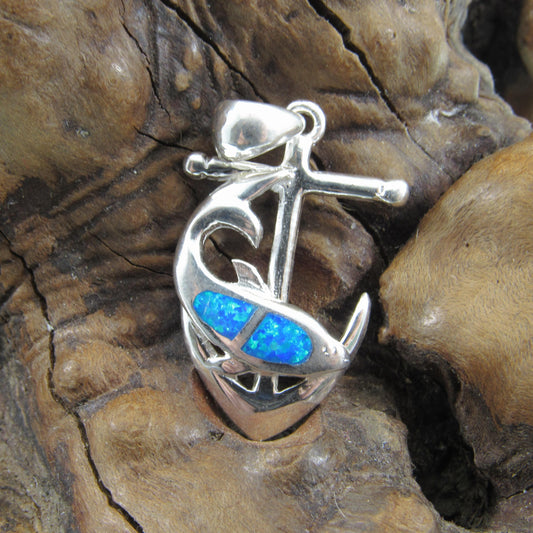 Solid 925 Sterling Silver Dolphin & Anchor Pendant With Inlaid Blue Opal Gemstones, Handcrafted Opals Jewelry, Beach and Nautical Interest