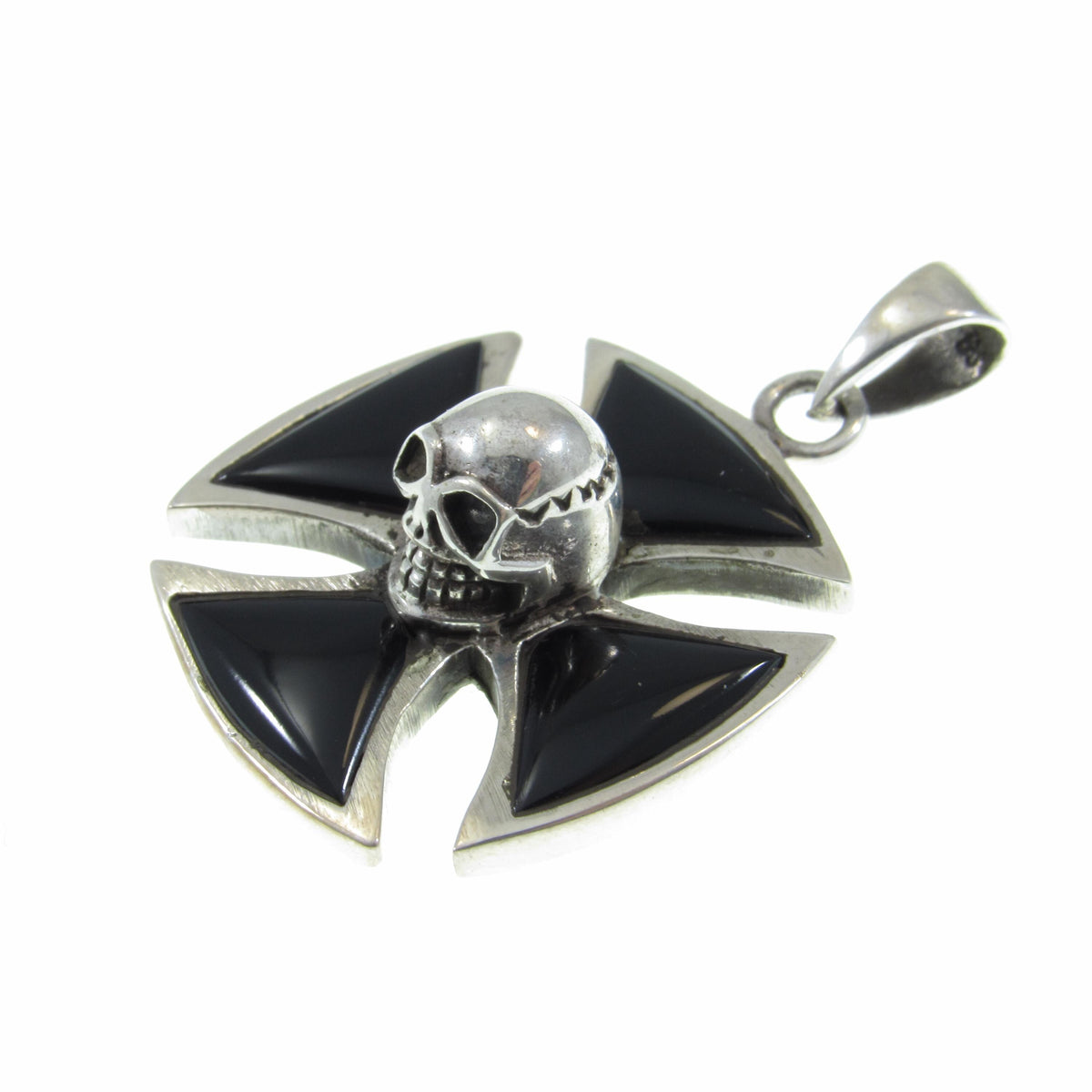 Solid 925 Sterling Silver Iron Cross with Skull & Black Onyx Inlay – Gothic Biker Cross Necklace Pendant for Men