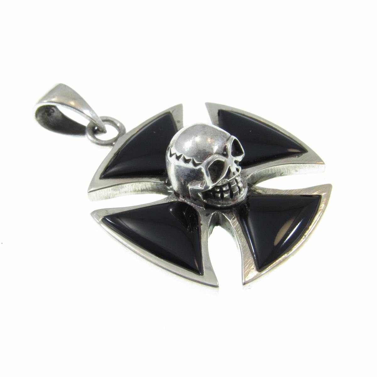 Solid 925 Sterling Silver Iron Cross with Skull & Black Onyx Inlay – Gothic Biker Cross Necklace Pendant for Men