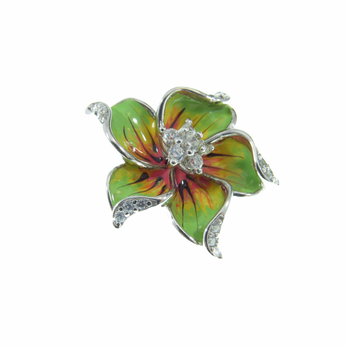 Solid 925 Sterling Silver & Enamel Hibiscus Flower Slide Pendant, Colorful Green Yellow and Red Charm, Handcrafted Floral Jewelry with CZs