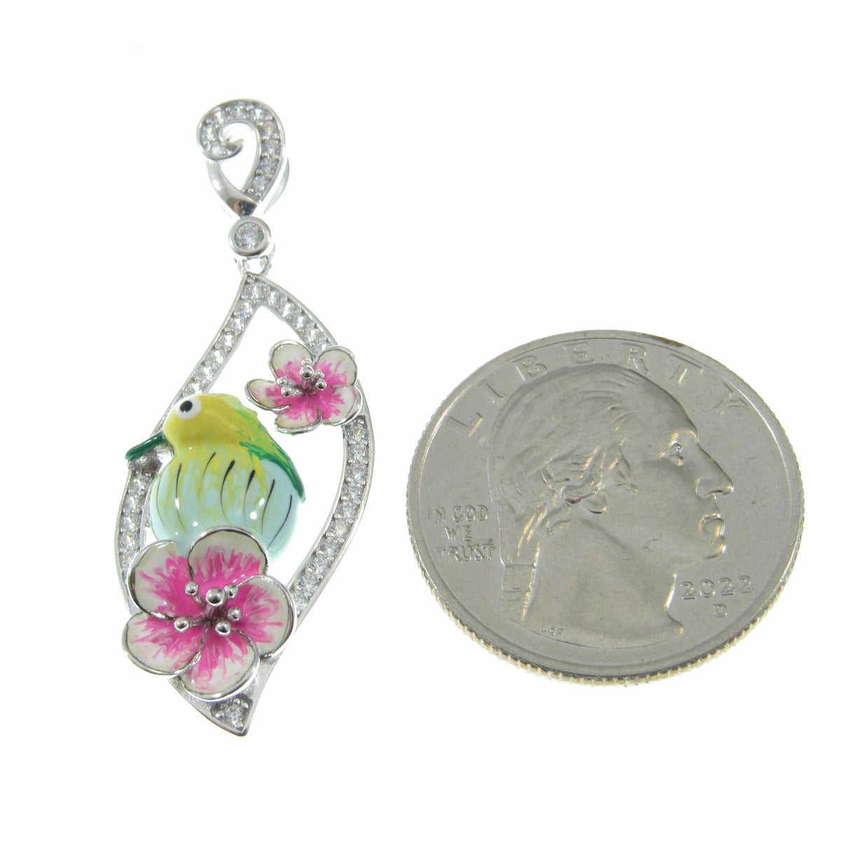 Solid 925 Sterling Silver & Enamel Bird and Flower Pendant, Handcrafted Charm, Ornate Art Deco Pink Flowers, Nature Jewelry for Her