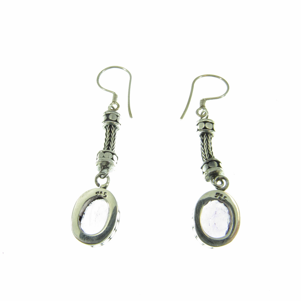 Solid 925 Sterling Silver Tribal Balinese Earrings, Handcrafted Foxtail Faceted Oval Amethyst Drop Dangle Hook Earrings, Made in Bali