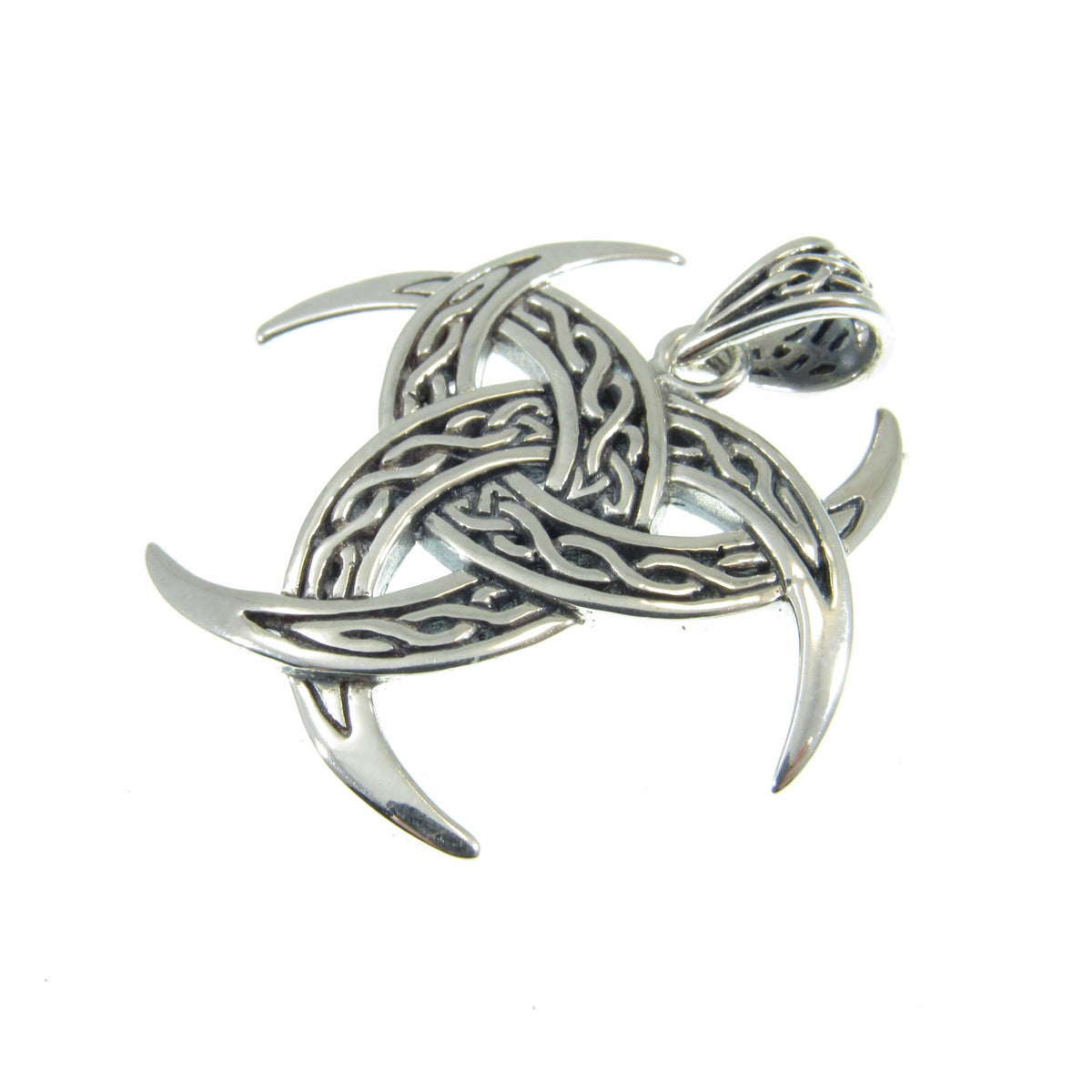 Solid 925 Sterling Silver Celtic Trinity Moons Pendant, Celtic Knots on Triple Crescent Moon Amulet, Viking Shield Jewelry